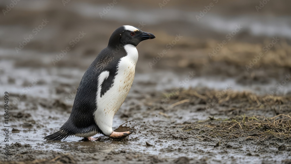 Fototapeta premium Adorable Penguin Standing on Muddy Ground in its Natural Habitat.