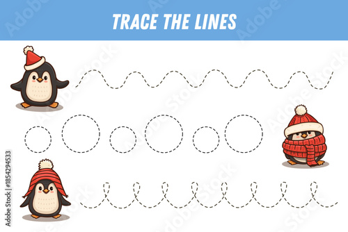 Tracing lines for kids. Christmas page with penguin. Handwriting practice. Educational game for kids . Activity page. Vector
