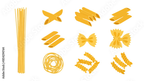 Variety of Pasta Shapes Including Spaghetti, Penne, Farfalle, and Fusilli, Italian Food Illustrations