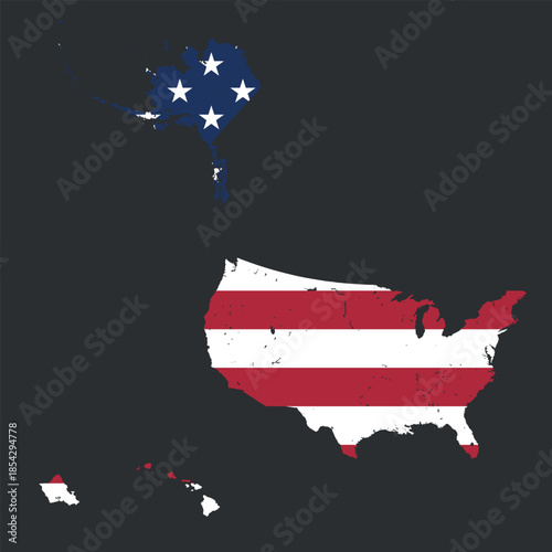 Flag of USA with map The United States of America. American national symbol in official colors. Template icon. Abstract vector background.