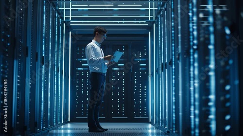 It specialist working with laptop in data center corridor