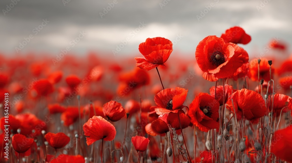 Fototapeta premium Bright red poppies fill the field as they stand tall against a gray sky. The flowers sway gently in the breeze showcasing their vibrant colors in the spring season.