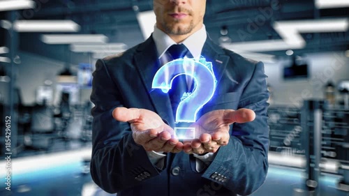 A businessman in a suit holds a digital question mark hologram in his hands within a modern, futuristic office setting. the blend of technology and business attire emphasizes concepts of innovation, i