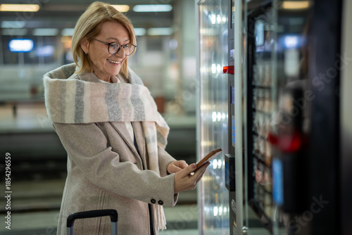 Mature woman making contactless payment at vending machine