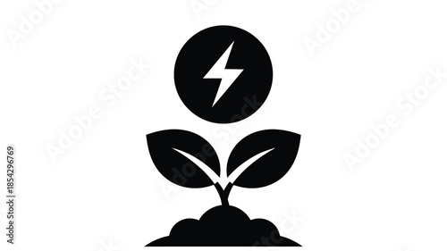 A black and white illustration of a sprouting plant with a lightning bolt symbol