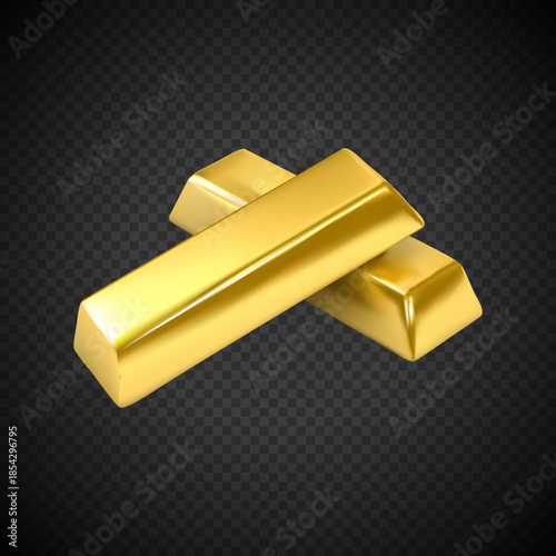 Two realistic golden bar on a black transparent background.3d golden bars