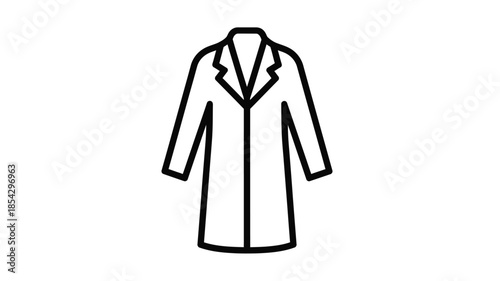 Simple black and white linear illustration of a long open lab coat or overcoat