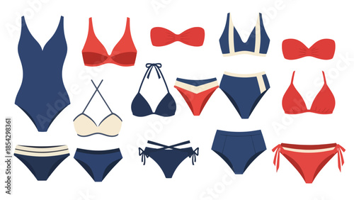 Collection of fashionable women's swimwear, including bikinis and swimsuits for summer beachwear