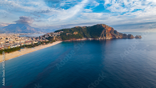 Slika na platnu Aerial view of Cleopatra Beach and Alanya Castle, cloudy weather, Turkey