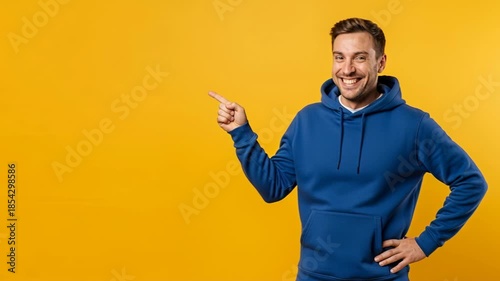 Cheerful man gesturing and smiling against bright yellow backdrop in consecutive motion frames