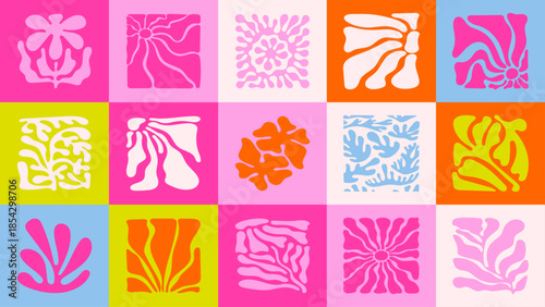 Seamless retro floral pattern with curved wave motifs. Minimal groovy botanicals for summer backgrounds, fabric and stationery.