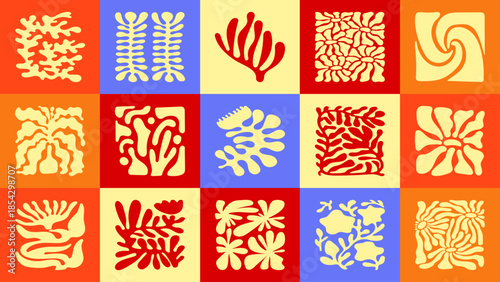 Hand drawn botanical seamless pattern with wavy ocean lines. Simple groovy florals in modern naive retro style.