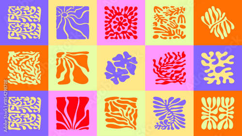 Playful floral seamless pattern with flowing wave shapes. Retro inspired botanical design for summer decor, packaging and wallpapers.