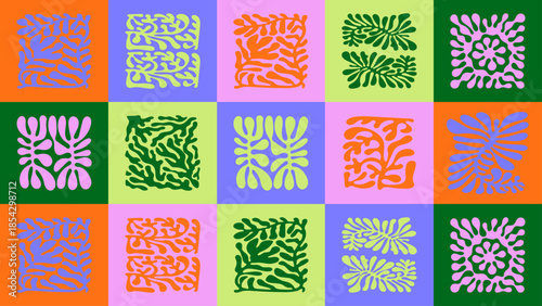 Simple groovy seamless botanical pattern with retro flowers and ocean wave lines. Naive summer print for modern textiles and backgrounds.