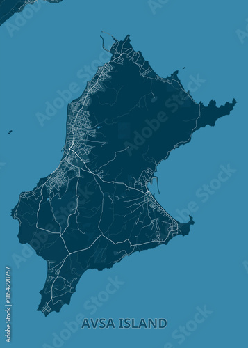 Map of Avsa Island, featuring a dark teal background with the island itself in a slightly darker shade of teal.