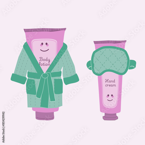  two characters, body lotion in a bathrobe and hand cream in a sleep mask