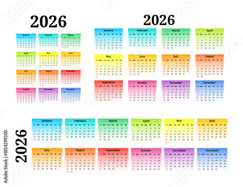 Calendar for 2026 isolated on a white background
