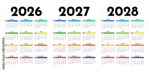 Set of calendars for 2026, 2027 and 2028 on a white background