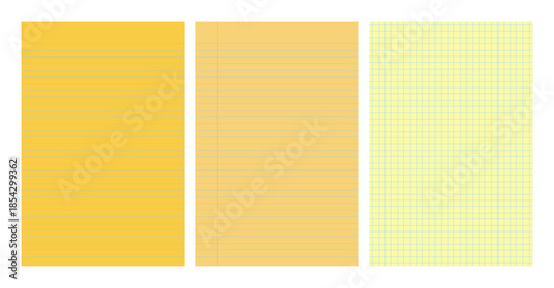 Set of yellow legal pad pages with lined or grid designs