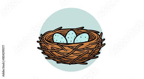 A charming illustration of a bird's nest filled with three speckled blue eggs on a light blue