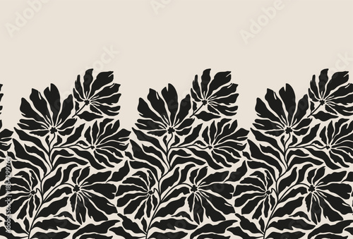 Hand drawn minimal abstract organic shapes pattern. Vector grey abstact pattern with black leaves and flowers
