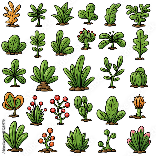 A charming vector collection of diverse doodle plant shapes, featuring stylized bushes, colorful shrubs, and unique flora for nature-themed designs
