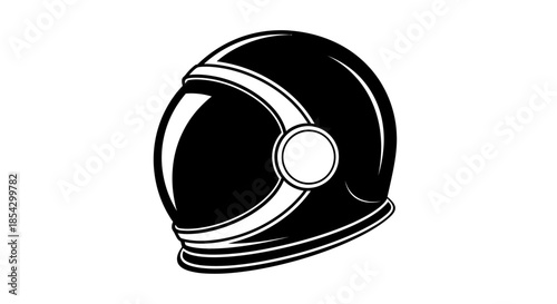 A minimalist black and white illustration of a futuristic astronaut helmet
