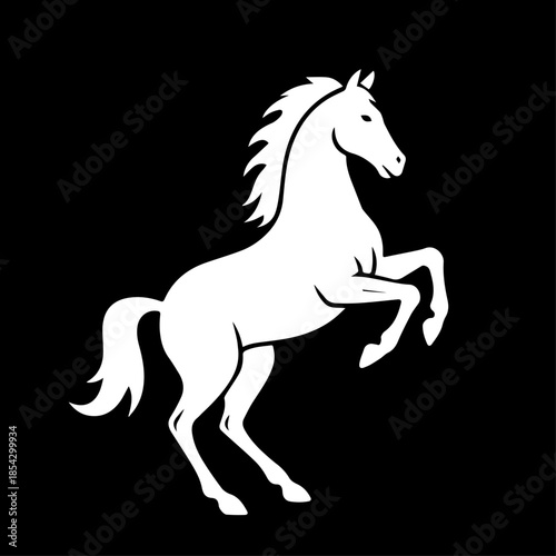 Horse silhouette, side view. Isolated white flat element of rearing, jumping, trotting, horse on black background. Vector icon, logo, illustration.
