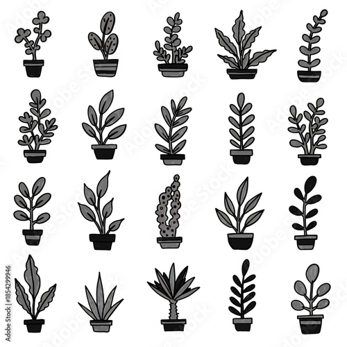 Modern abstract plant doodles vector set, featuring minimalist potted botanicals for stylish graphic design, home decor, and digital illustration projects