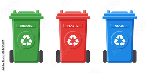 Many garbage bins with sorted waste, sorting organic, plastic, and glass garbage, ecology and recycling concept.