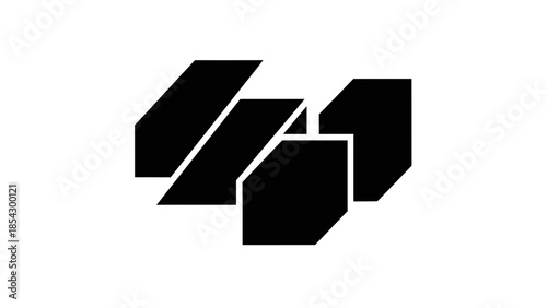 Abstract Geometric Composition of Black Shapes on White Background with Depth Illusion