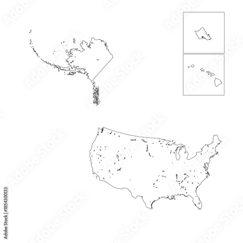 Map United States of America, sign silhouette. Detailed map of USA. World Map Globe. Vector Illustration isolated on white background. North America continent.