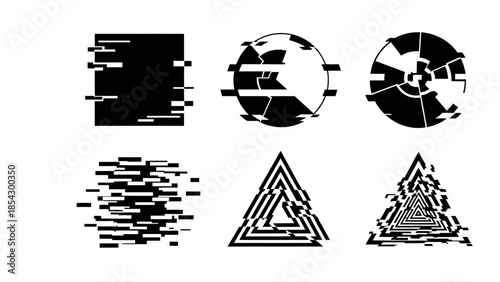 abstract geometric shapes with glitch effects and data corruption for modern design elements