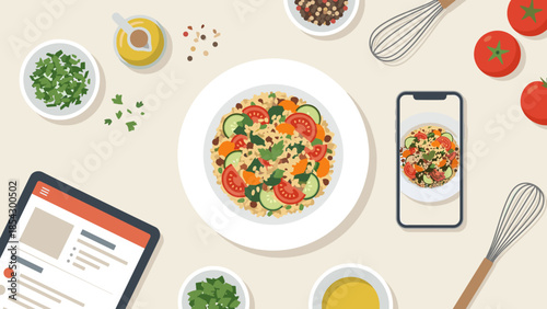 Food blog recipe concept. Top view kitchen workspace. Healthy salad plate, tablet, smartphone taking photo. Digital influencer content. Flat lay culinary cooking preparation vector