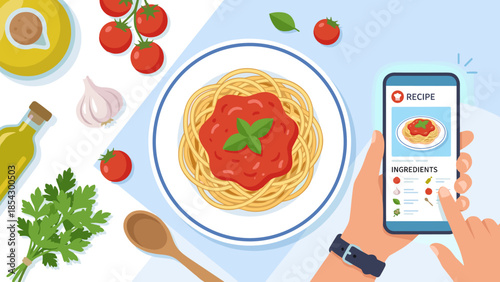 Online recipe concept. Top view spaghetti plate ingredients. Hand holding smartphone showing cooking app. Food blog interface. Digital culinary technology flat lay. Italian pasta
