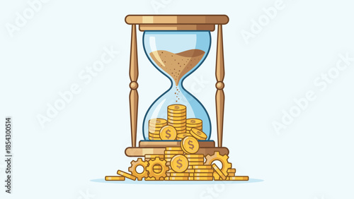 Time is money concept. Hourglass with sand turning into gold coins. Business investment finance profit wealth. Productivity efficiency gears. Financial growth savings deadline income.
