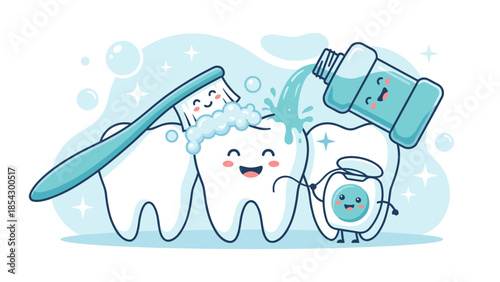 Cute tooth characters dental care concept. Happy teeth brushing and cleaning. Mouthwash bottle dental floss mascot. Oral hygiene routine vector illustration. Kids dentistry health.