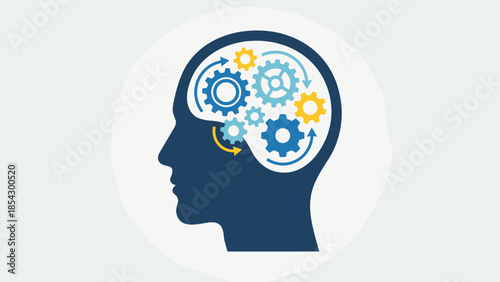 Human head silhouette with gears. Critical thinking logic concept. Mental process. Brain mechanics. Intelligence. Cognitive function. Problem solving. Mind work. Idea generation.