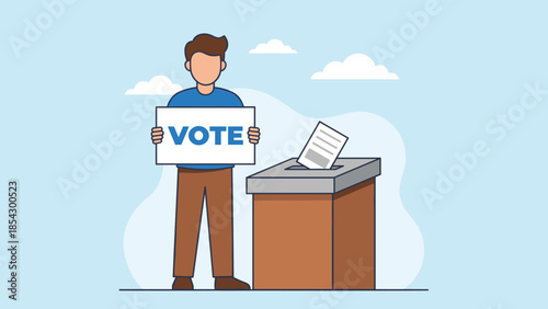 Man with Vote sign at ballot box. Election democracy concept. Citizen rights civic duty. Polling station vector illustration. Political campaign. Casting ballot paper. Voting freedom
