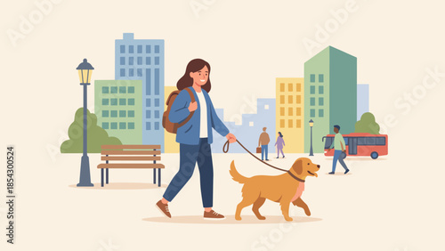 Young woman pet owner walking dog city street. Urban lifestyle. Girl with golden retriever on leash. Town background buildings. Flat vector illustration. Companionship care concept.