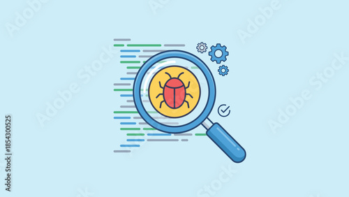 Software debugging concept. Magnifying glass finding bug in code. Programmer tool for quality assurance QA testing. Error fixing and virus analysis. Flat vector illustration.