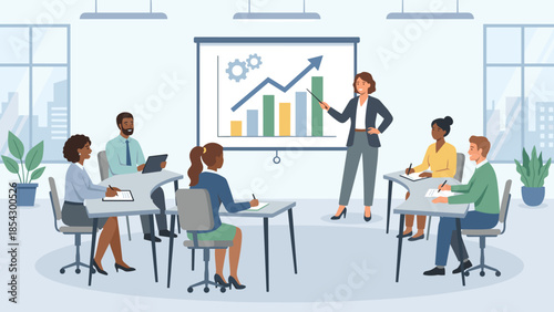 Corporate business training workshop. Trainer presenting growth chart to diverse team. Office seminar meeting. Strategy education. Professional coaching session. Success graph.