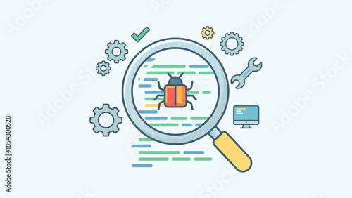 Software debugging concept. Magnifying glass finding bug in code. Programming error search. Quality assurance QA testing. Developer tool flat vector illustration. Virus analysis.