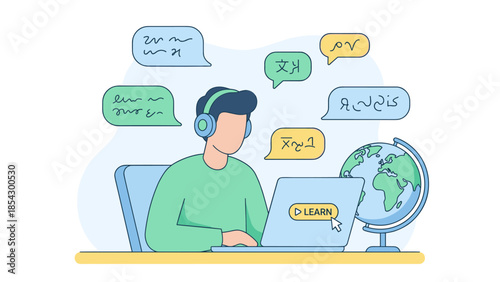 Online language learning education concept. Student with headphones studying on laptop. Global communication speech bubbles. E-learning foreign course. Digital school class. Translate.