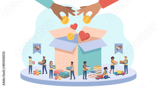 Charity donation. Hands dropping coins hearts into box. Tiny volunteers organizing supplies. Humanitarian aid philanthropy. Fundraising social care. Community support. NGO vector art.