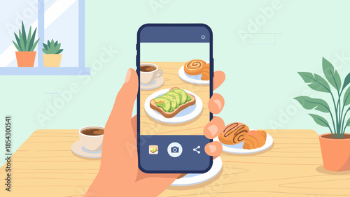 Hand holding smartphone taking photo of food. Social media influencer. Mobile photography POV. Blogger capturing avocado toast. Flat vector illustration. Sharing meal. Technology.