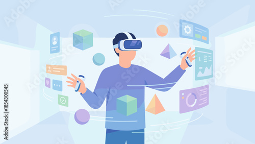Virtual reality and augmented reality experience. Man wearing VR headset interacting with floating 3D geometric shapes. Metaverse concept. Future gaming. Cyberspace innovation.