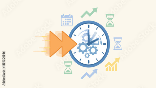 Fast forward arrow speeding up clock. Time management urgency concept. Business efficiency productivity. Deadline acceleration vector. Workflow optimization. Rapid progress. Gear motion.
