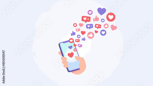 Social media marketing. Hand holding phone with floating likes hearts and thumbs up icons. Viral content engagement. Digital technology. Flat vector illustration. Online community.