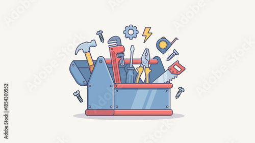 Toolbox repair equipment. Construction tools set. Hammer wrench screwdriver pliers saw. Handyman kit. Maintenance service concept. Mechanic workshop. DIY renovation. Vector illustration.